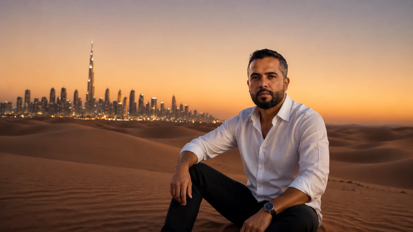 Iván Ortiz Catalán sentado en el desierto de Dubái al atardecer, con el Burj Khalifa y el skyline de la ciudad de fondo